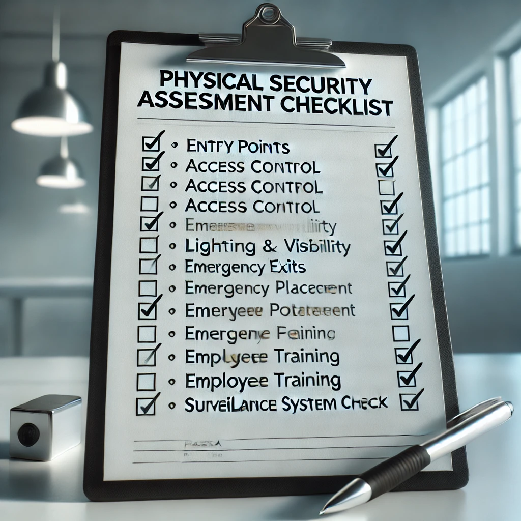 A clip board with a check list for a physical security assessment checklist