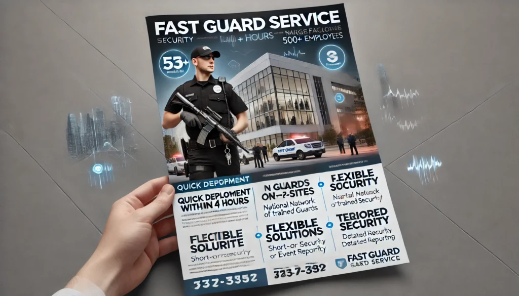 A hand holding a flyer for security guard services with a mock of fast guard service.