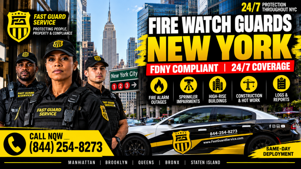 Fast Guard Service fire watch guards in New York City providing 24/7 fire watch coverage for fire alarm outages, sprinkler impairments, high-rise buildings, construction and hot work.