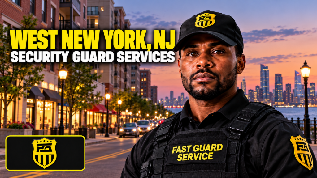 Fast Guard security officer and badge on a West New York, NJ security guard services thumbnail, with the Hudson waterfront in the background.